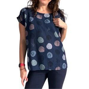 Pure Venice navy polkadot linen top round neck womens linen short sleeve Medium